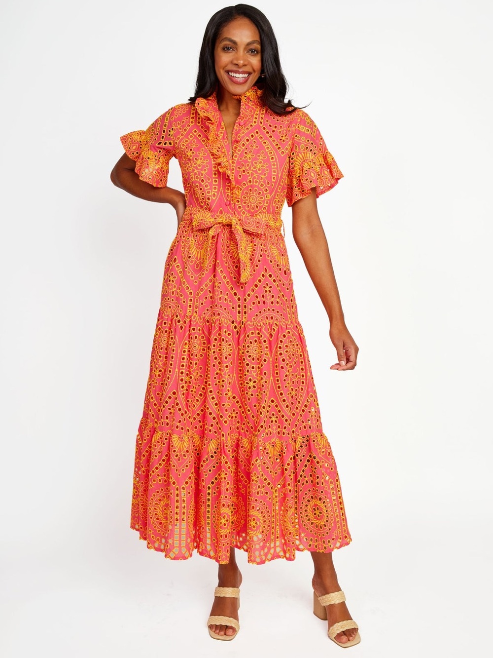 NWT Abbey Glass Sadie Maxi Dress Coral and Yellow Eyelet Sz L - Picture 3 of 13